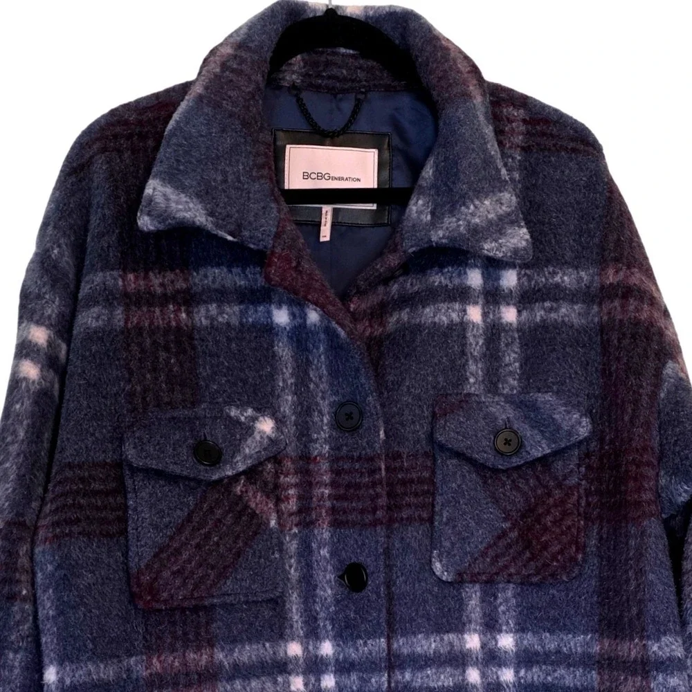 BCBGeneration Plaid Oversized Coat Jacket Burgundy Purple Blue‎ White Plaid XXL